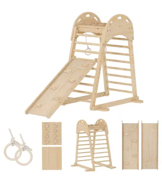 6 en 1 Triángulo de Escalada Montessori con Plataforma y Anillos Estructura de Escalada de Madera con Tobogán Natural