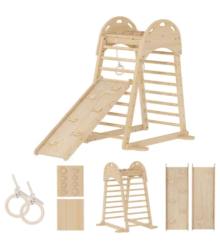 6 en 1 Triángulo de Escalada Montessori con Plataforma y Anillos Estructura de Escalada de Madera con Tobogán Natural