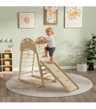 6 en 1 Triángulo de Escalada Montessori con Plataforma y Anillos Estructura de Escalada de Madera con Tobogán Natural