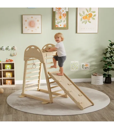6 en 1 Triángulo de Escalada Montessori con Plataforma y Anillos Estructura de Escalada de Madera con Tobogán Natural