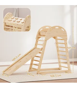 6 en 1 Triángulo de Escalada Montessori con Plataforma y Anillos Estructura de Escalada de Madera con Tobogán Natural