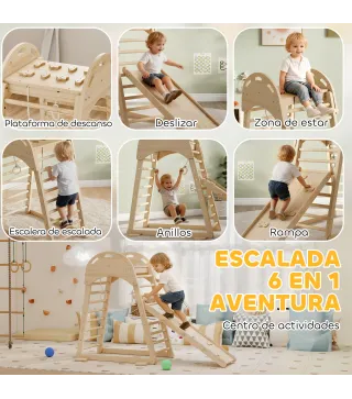 6 en 1 Triángulo de Escalada Montessori con Plataforma y Anillos Estructura de Escalada de Madera con Tobogán Natural