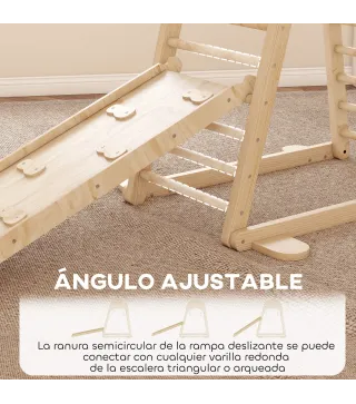 6 en 1 Triángulo de Escalada Montessori con Plataforma y Anillos Estructura de Escalada de Madera con Tobogán Natural