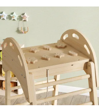6 en 1 Triángulo de Escalada Montessori con Plataforma y Anillos Estructura de Escalada de Madera con Tobogán Natural