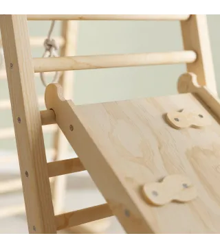 6 en 1 Triángulo de Escalada Montessori con Plataforma y Anillos Estructura de Escalada de Madera con Tobogán Natural