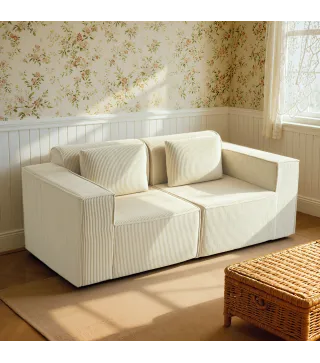 Sofá de 3 Plazas Tapizado en Pana Acolchado Grueso Asiento Extra Profundo Reposabrazos Anchos Montaje Rápido Beige