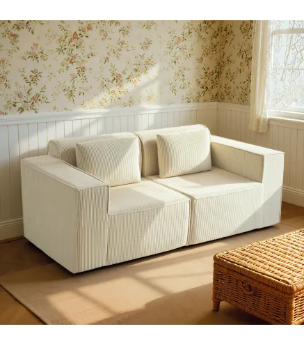 Sofá de 3 Plazas Tapizado en Pana Acolchado Grueso Asiento Extra Profundo Reposabrazos Anchos Montaje Rápido Beige