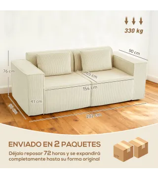 Sofá de 3 Plazas Tapizado en Pana Acolchado Grueso Asiento Extra Profundo Reposabrazos Anchos Montaje Rápido Beige