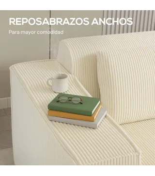 Sofá de 3 Plazas Tapizado en Pana Acolchado Grueso Asiento Extra Profundo Reposabrazos Anchos Montaje Rápido Beige