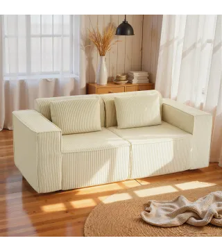 Sofá de 3 Plazas Tapizado en Pana Acolchado Grueso Asiento Extra Profundo Reposabrazos Anchos Montaje Rápido Beige