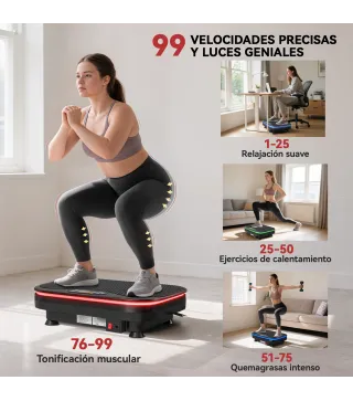 Plataforma Vibratoria con 99 Velocidades 3 Programas Altavoz Bluetooth Pantalla LED Mando a Distancia Bandas Elásticas