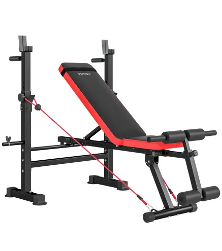 Banco de Musculación Multifuncional con Soporte para Barra Ajustable y Respaldo Regulable para Casa Gimnasio