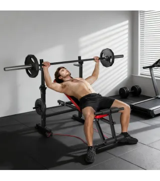 Banco de Musculación Multifuncional con Soporte para Barra Ajustable y Respaldo Regulable para Casa Gimnasio