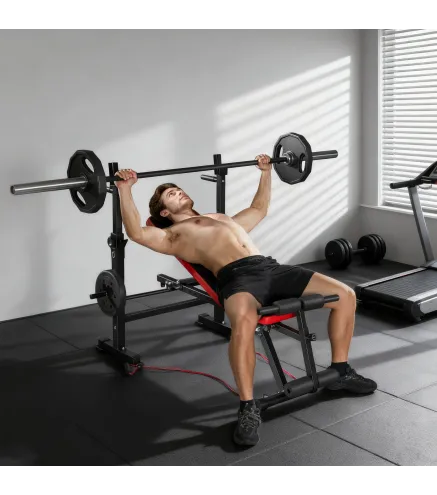 Banco de Musculación Multifuncional con Soporte para Barra Ajustable y Respaldo Regulable para Casa Gimnasio