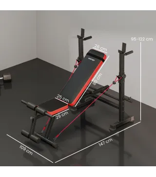 Banco de Musculación Multifuncional con Soporte para Barra Ajustable y Respaldo Regulable para Casa Gimnasio