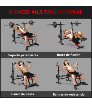 Banco de Musculación Multifuncional con Soporte para Barra Ajustable y Respaldo Regulable para Casa Gimnasio