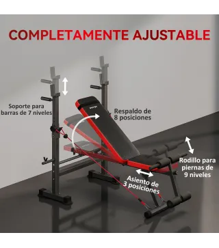 Banco de Musculación Multifuncional con Soporte para Barra Ajustable y Respaldo Regulable para Casa Gimnasio