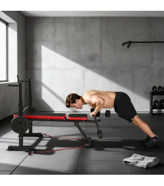 Banco de Musculación Multifuncional con Soporte para Barra Ajustable y Respaldo Regulable para Casa Gimnasio