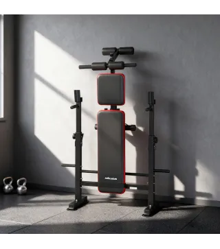 Banco de Musculación Multifuncional con Soporte para Barra Ajustable y Respaldo Regulable para Casa Gimnasio