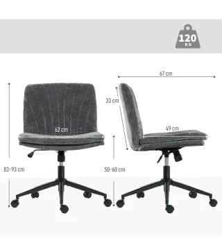 Silla de Oficina con Asiento Ancho sin Reposabrazos Ruedas Altura Ajustable Giratoria Función Basculante Gris