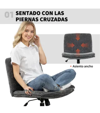 Silla de Oficina con Asiento Ancho sin Reposabrazos Ruedas Altura Ajustable Giratoria Función Basculante Gris
