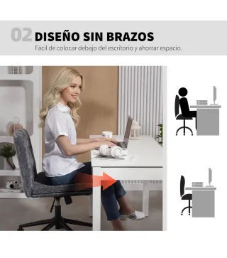 Silla de Oficina con Asiento Ancho sin Reposabrazos Ruedas Altura Ajustable Giratoria Función Basculante Gris