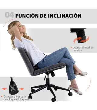 Silla de Oficina con Asiento Ancho sin Reposabrazos Ruedas Altura Ajustable Giratoria Función Basculante Gris
