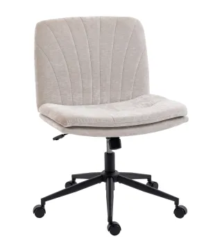 Silla de Oficina con Asiento Ancho sin Reposabrazos Ruedas Altura Ajustable Giratoria Función Basculante Beige