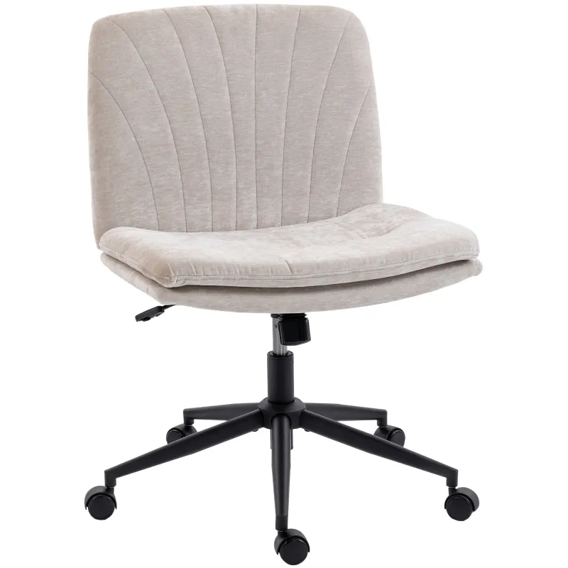 Silla de Oficina con Asiento Ancho sin Reposabrazos Ruedas Altura Ajustable Giratoria Función Basculante Beige