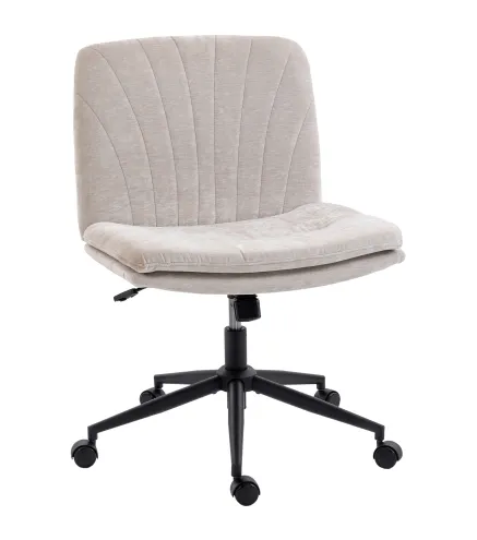 Silla de Oficina con Asiento Ancho sin Reposabrazos Ruedas Altura Ajustable Giratoria Función Basculante Beige