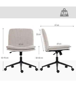 Silla de Oficina con Asiento Ancho sin Reposabrazos Ruedas Altura Ajustable Giratoria Función Basculante Beige