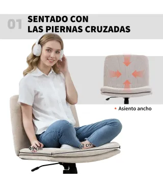 Silla de Oficina con Asiento Ancho sin Reposabrazos Ruedas Altura Ajustable Giratoria Función Basculante Beige
