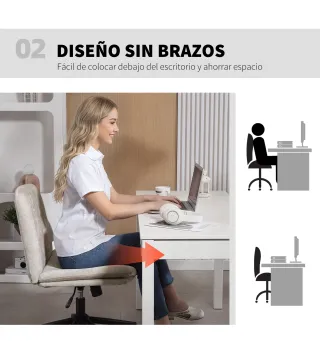 Silla de Oficina con Asiento Ancho sin Reposabrazos Ruedas Altura Ajustable Giratoria Función Basculante Beige