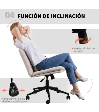 Silla de Oficina con Asiento Ancho sin Reposabrazos Ruedas Altura Ajustable Giratoria Función Basculante Beige