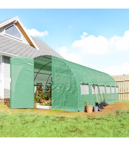 Invernadero de Túnel 6x3x2 m con Puerta con Bisagras 12 Ventanas de Malla y Estructura de Acero Galvanizado Verde