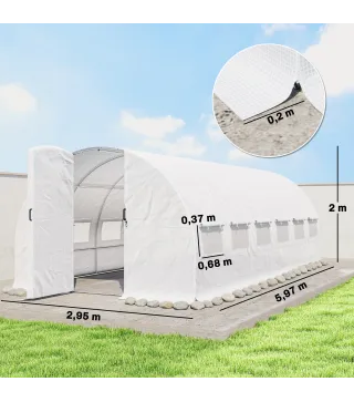 Invernadero de Túnel 6x3x2 m con Puerta con Bisagras 12 Ventanas de Malla y Estructura de Acero Galvanizado Blanco