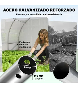 Invernadero de Túnel 6x3x2 m con Puerta con Bisagras 12 Ventanas de Malla y Estructura de Acero Galvanizado Blanco
