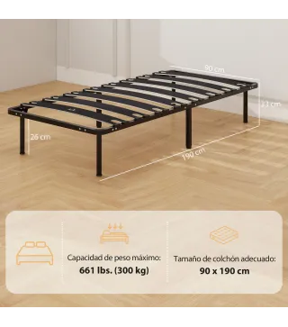 Estructura de Cama 90x190 cm con Marco de Acero Láminas de Álamo y Espacio de Almacenamiento Carga 350 kg Negro