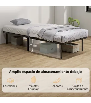 Estructura de Cama 90x190 cm con Marco de Acero Láminas de Álamo y Espacio de Almacenamiento Carga 350 kg Negro
