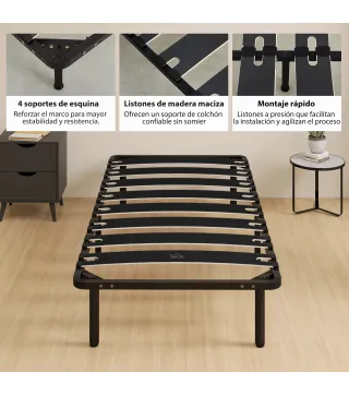 Estructura de Cama 90x190 cm con Marco de Acero Láminas de Álamo y Espacio de Almacenamiento Carga 350 kg Negro