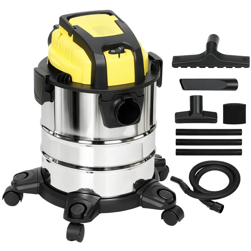 Aspirador en Seco y Húmedo 3 en 1 1200W con Función de Soplador Manguera 2 m Depósito Inoxidable 20L Amarillo