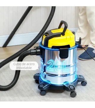 Aspirador en Seco y Húmedo 3 en 1 1200W con Función de Soplador Manguera 2 m Depósito Inoxidable 20L Amarillo
