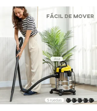 Aspirador en Seco y Húmedo 3 en 1 1200W con Función de Soplador Manguera 2 m Depósito Inoxidable 20L Amarillo