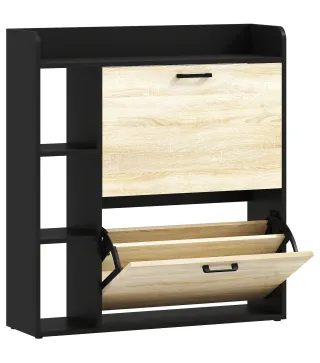 Zapatero Estrecho con 2 Puertas 3 Estantes Laterales y Estantes Ajustables para 15 Pares de Zapatos Natural y Negro