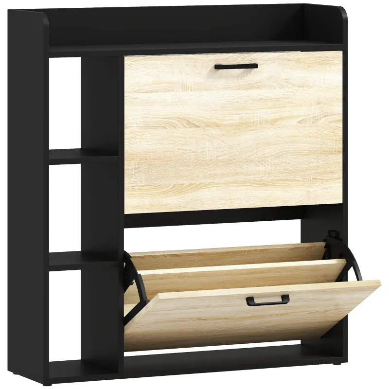 Zapatero Estrecho con 2 Puertas 3 Estantes Laterales y Estantes Ajustables para 15 Pares de Zapatos Natural y Negro Zapatero Estrecho con 2 Puertas 3 Estantes Laterales y Estantes Ajustables para 15 Pares de Zapatos Natural y Negro