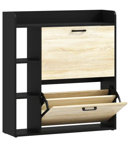 Zapatero Estrecho con 2 Puertas 3 Estantes Laterales y Estantes Ajustables para 15 Pares de Zapatos Natural y Negro