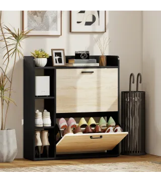 Zapatero Estrecho con 2 Puertas 3 Estantes Laterales y Estantes Ajustables para 15 Pares de Zapatos Natural y Negro