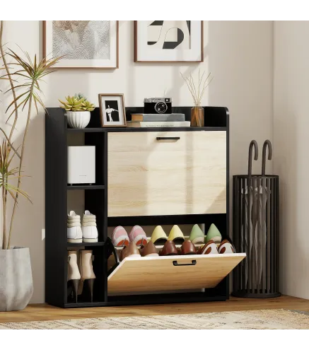 Zapatero Estrecho con 2 Puertas 3 Estantes Laterales y Estantes Ajustables para 15 Pares de Zapatos Natural y Negro