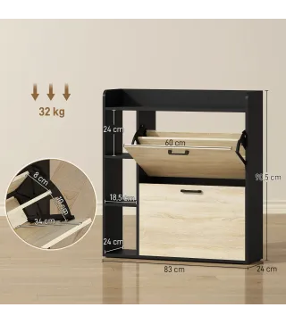 Zapatero Estrecho con 2 Puertas 3 Estantes Laterales y Estantes Ajustables para 15 Pares de Zapatos Natural y Negro