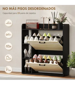 Zapatero Estrecho con 2 Puertas 3 Estantes Laterales y Estantes Ajustables para 15 Pares de Zapatos Natural y Negro